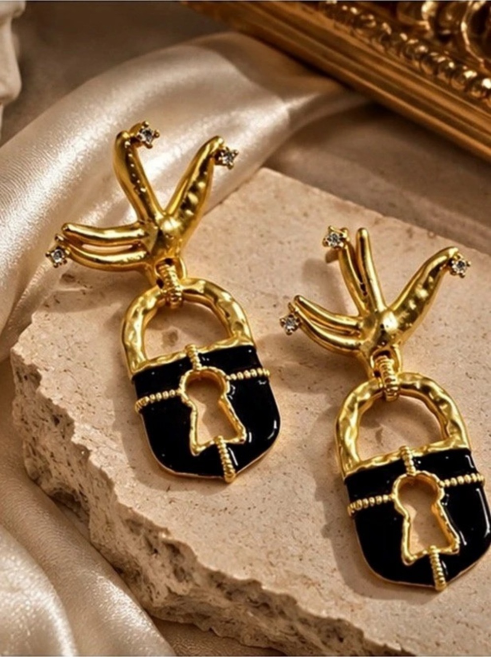 Surrealist Gilded Lock Earrings Gold & Black